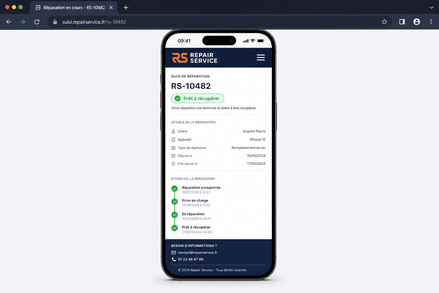 Screenshot ReparSmart — suivi public QR sur mobile