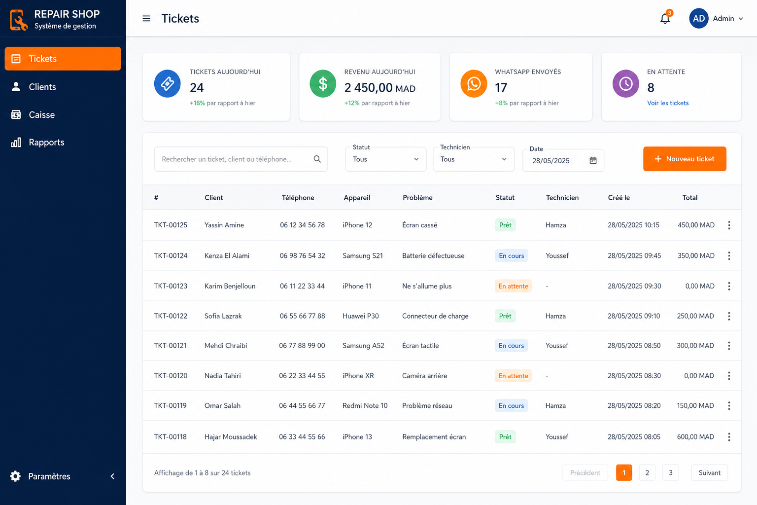 Screenshot ReparSmart — liste des tickets atelier
