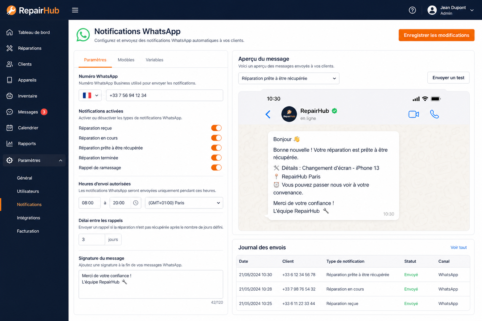 Screenshot ReparSmart — notifications WhatsApp client