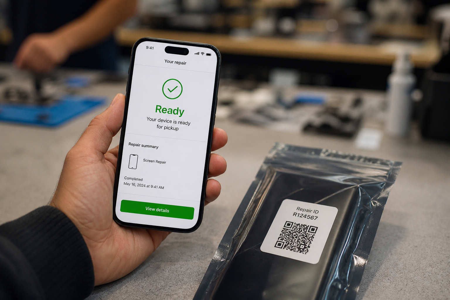 Client qui suit sa réparation sur smartphone avec QR